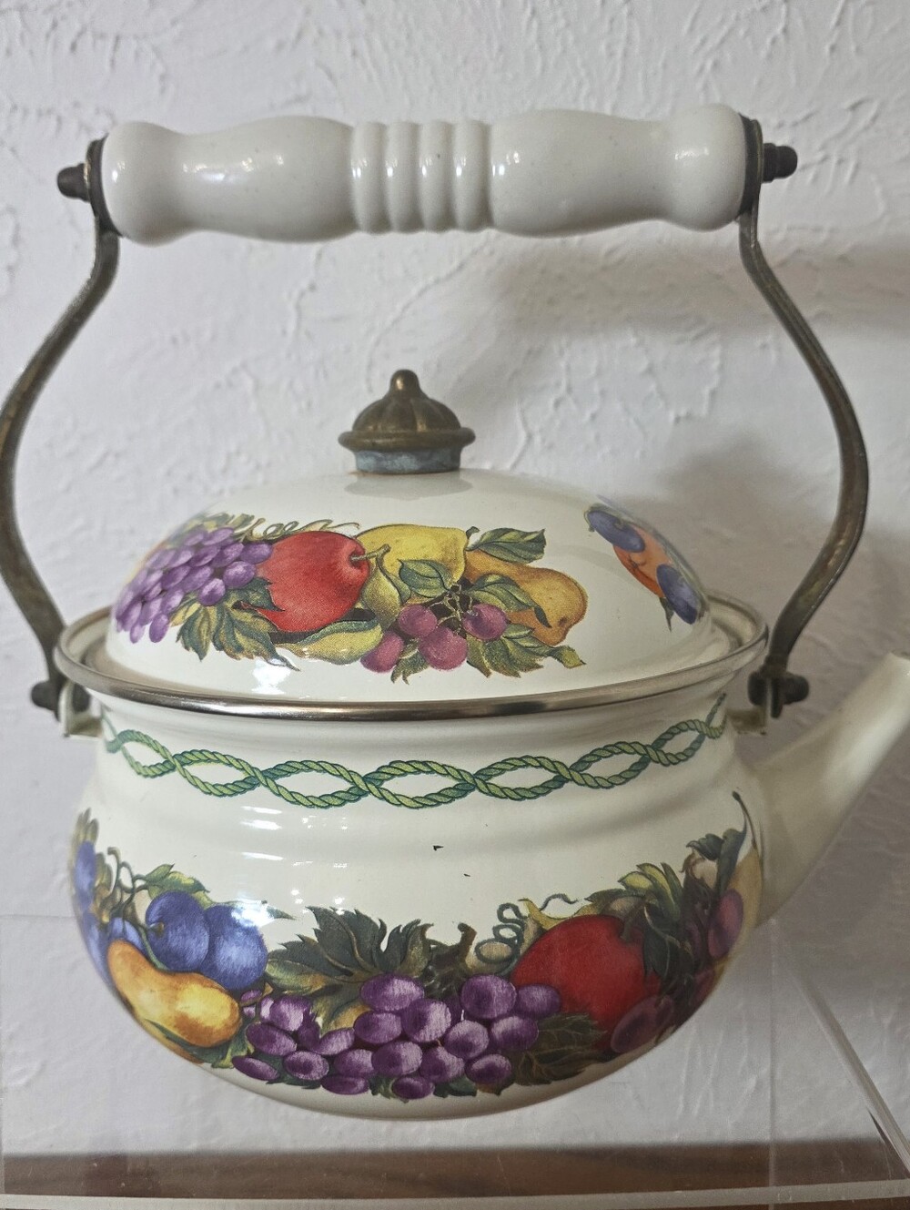 Vintage Enamel Tea Kettle - Orchard Fruit Motif with Handle
